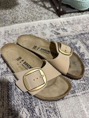 Birkenstock Women’s Madrid Soft Footbed Sandals in Beige with Gold Buckles